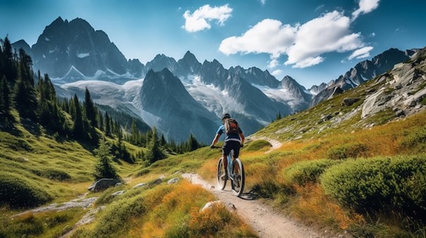 A mountain biker rides a trail in the mountains.